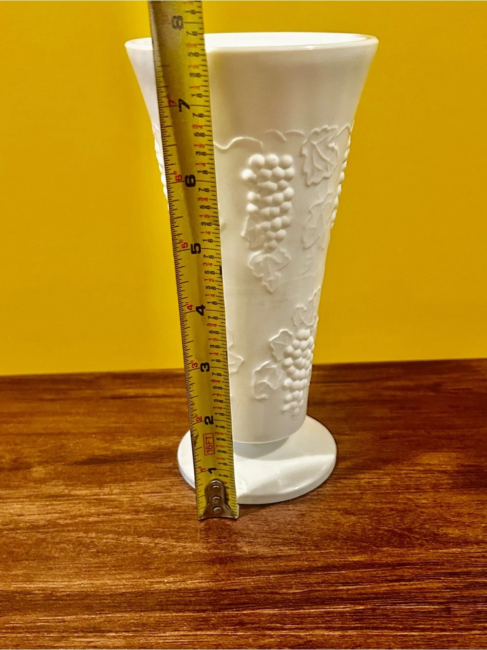 Indiana Glass White Embossed Harvest Grape Pattern pedestal Vase challice